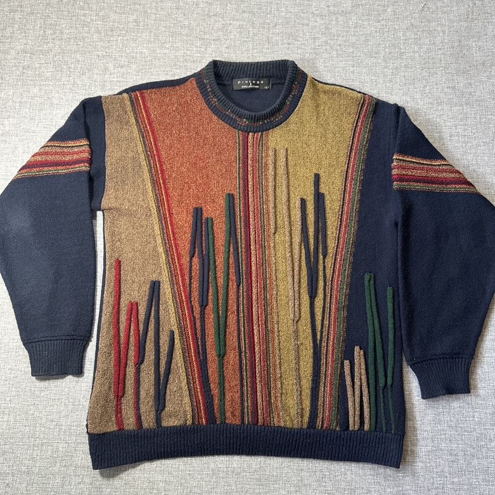 Vtg Protege Collection Sweater Men's L 3D Knit Brown Striped Pullover Cattail